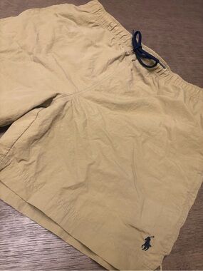 Vintage Polo Ralph Lauren Swim Trunks Shorts Men mCargo Pocket Taupe Blue Pony